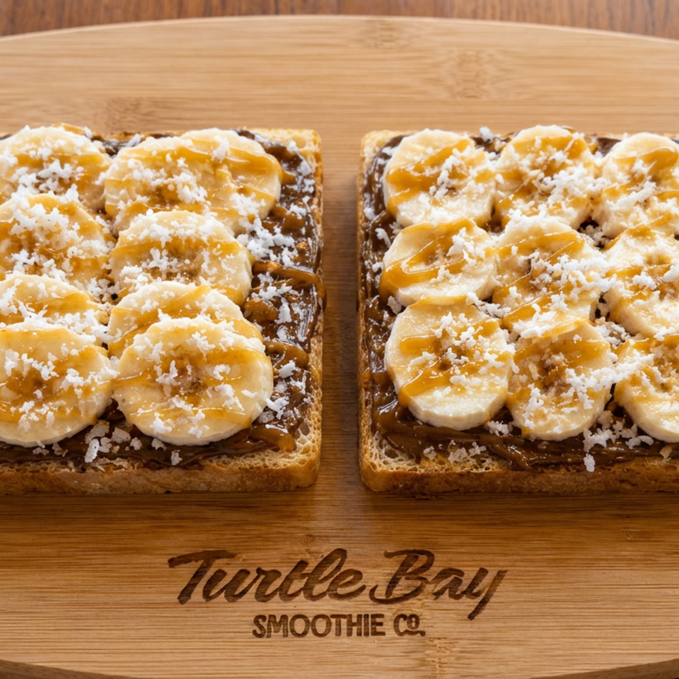 Two slices of toast topped with chocolate spread, banana slices, caramel drizzle, and shredded coconut on a Turtle Bay Smoothie Co. board.