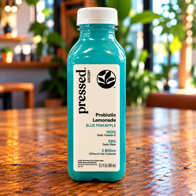 Pressed Juice: Probiotic Lemonade; Blue Pineapple.