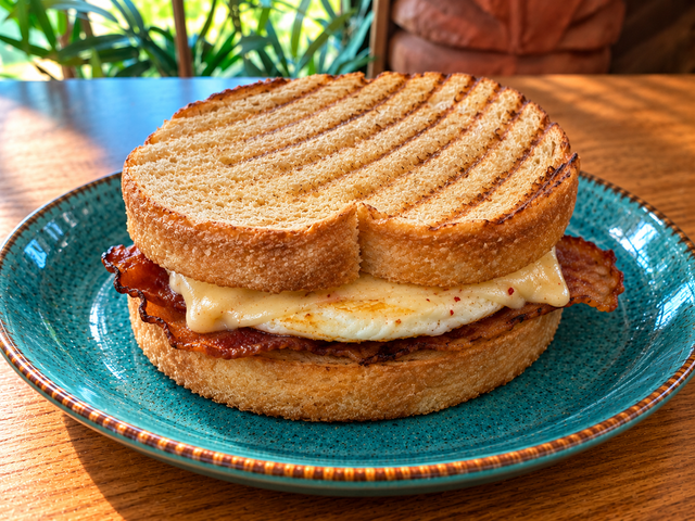 Bacon, Egg, Pepper Jack on Sourdough.