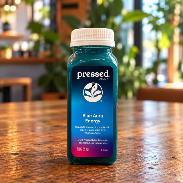 Pressed Shot: Blue Aura Energy.