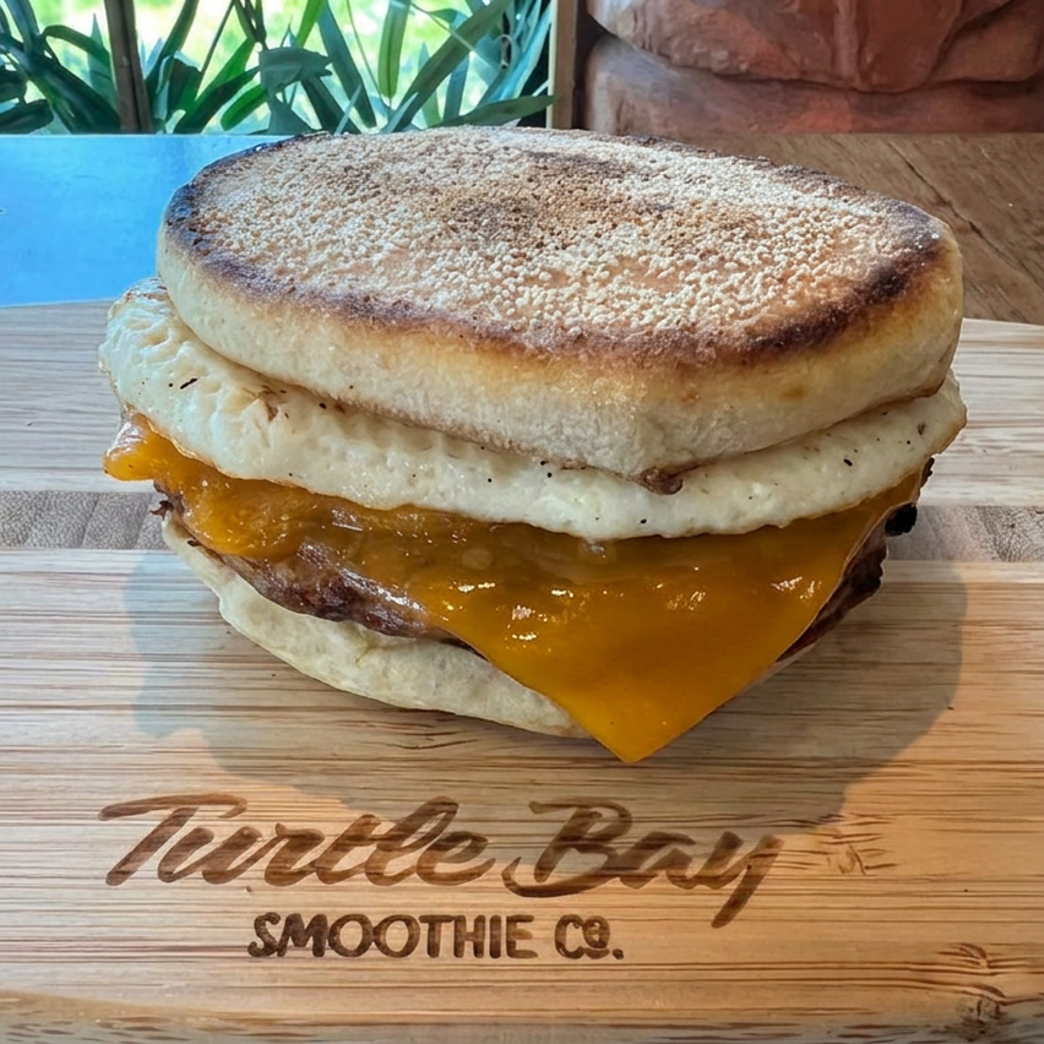 Breakfast sandwich with egg and melted cheddar cheese on a branded Tropical Bay Smoothie Co. wooden serving board.